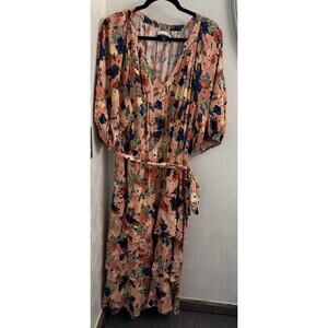 Eloquii Fit & Flare Midi Dress Belted Floral Printed Tiered Pink Womens Size 24